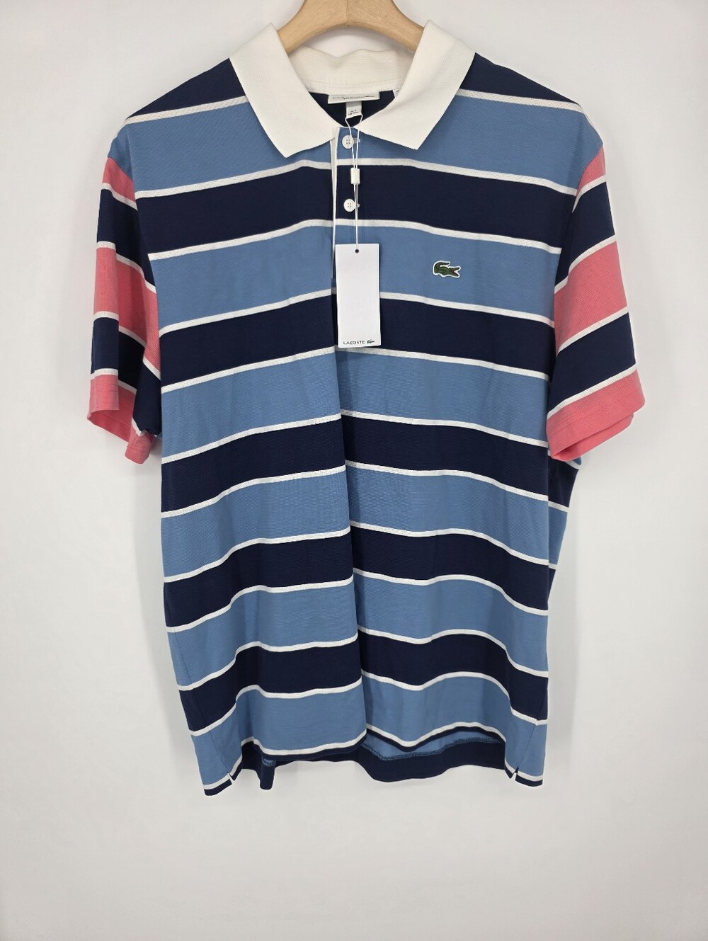 Lacoste Men's Striped Polo - Light Blue, Navy & Pink Size XXL.